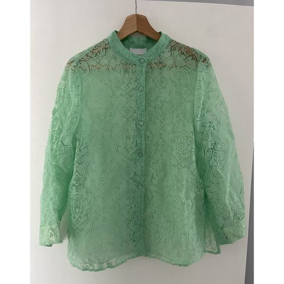 Alfred Dunner Top Women’s Size 8 Green Sheer Lightweight 3/4 Sleeve Button Up - Picture 1 of 7